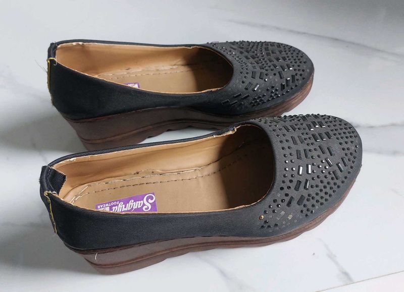 Black Embellished Wedge Flats