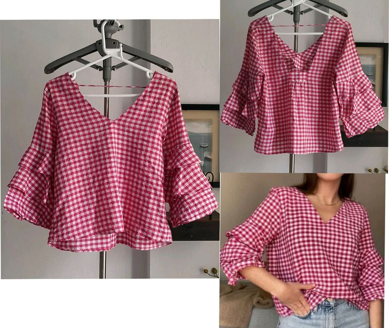 Gingham Ruffle Sleeve Top
