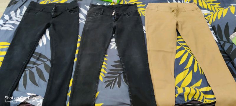 Special offer of Combo of 2 jeans: 1 black denim,waist-32 and 1 beige trouser,waist 30