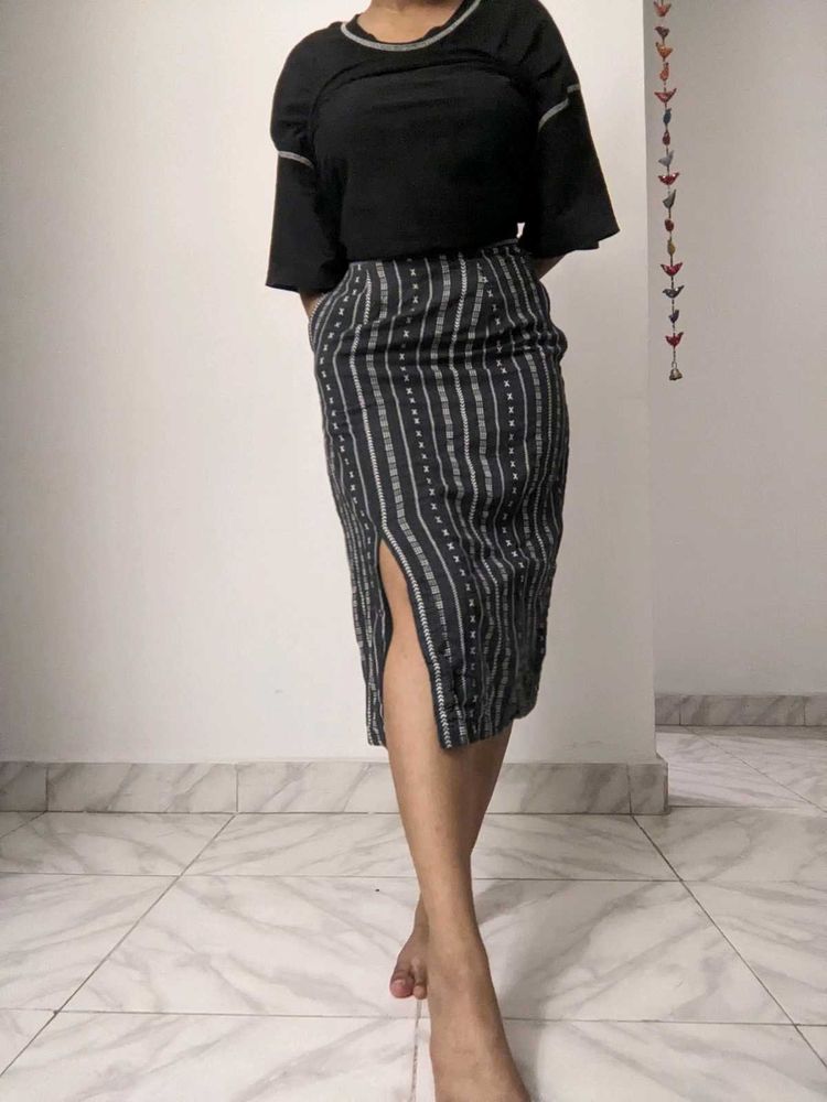 Pencil Midi Skirt With Front Slit And Pocket