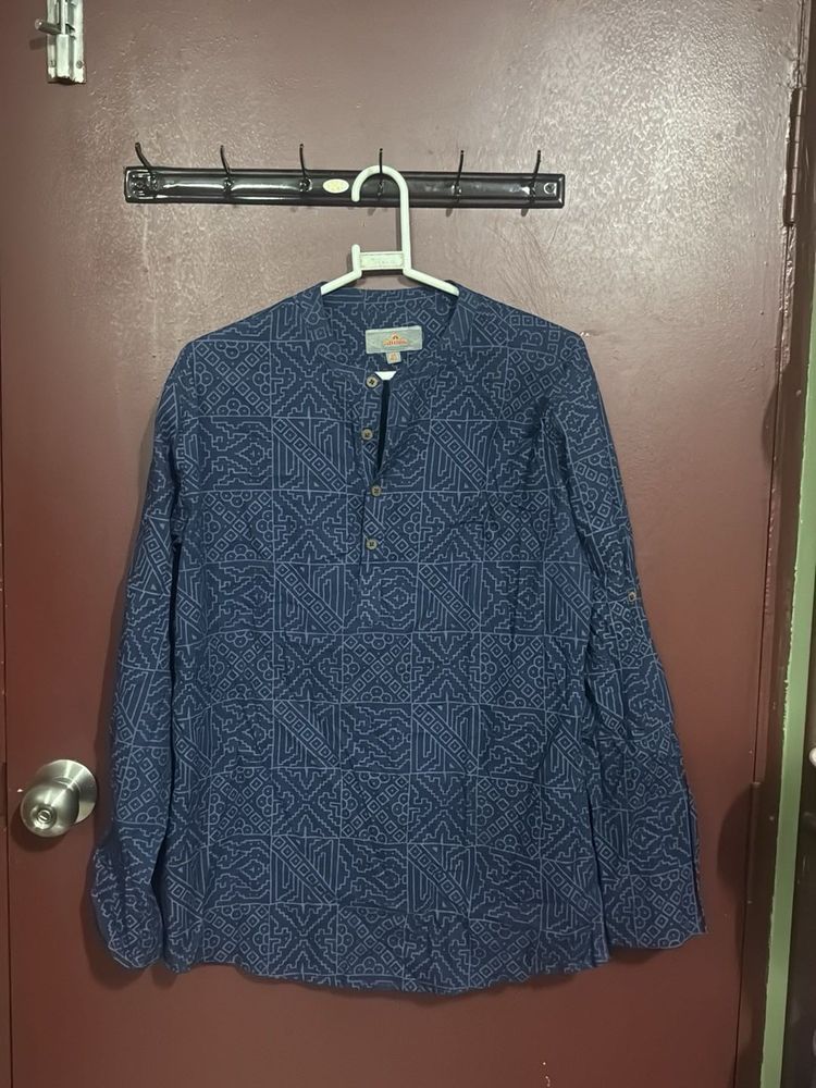 Patterned Blue Long Sleeve Kurta