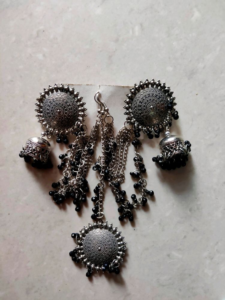 Oxidised  Bhaubalu Earrings Set With Tikka