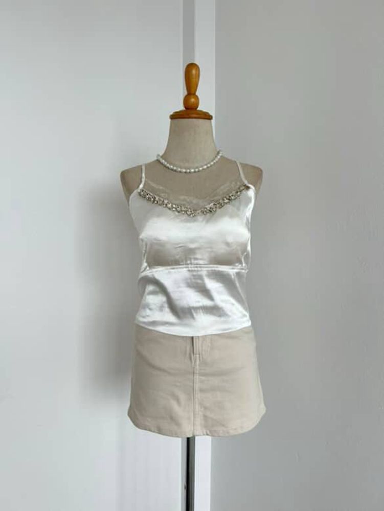 White Beaded Satin Top