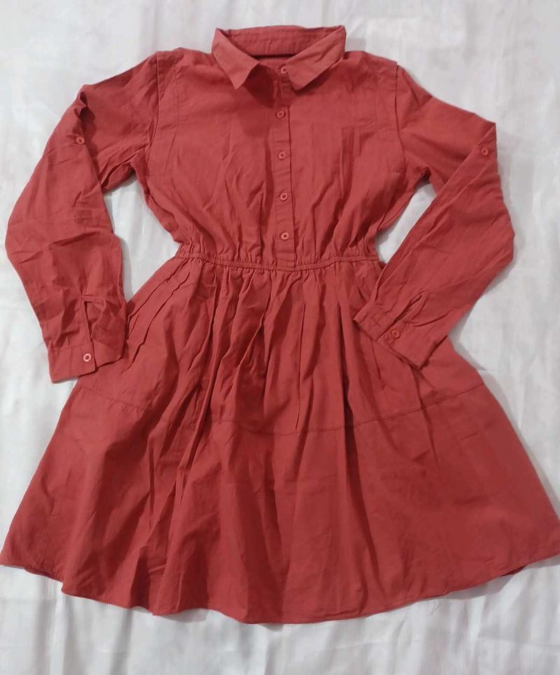 Long Sleeve Button-Down Dress With Side Pocket
