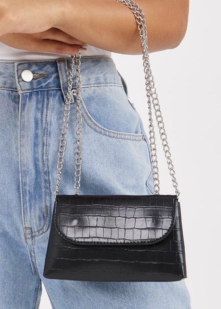 Textured Structured Strappy Chain Shoulder Bag