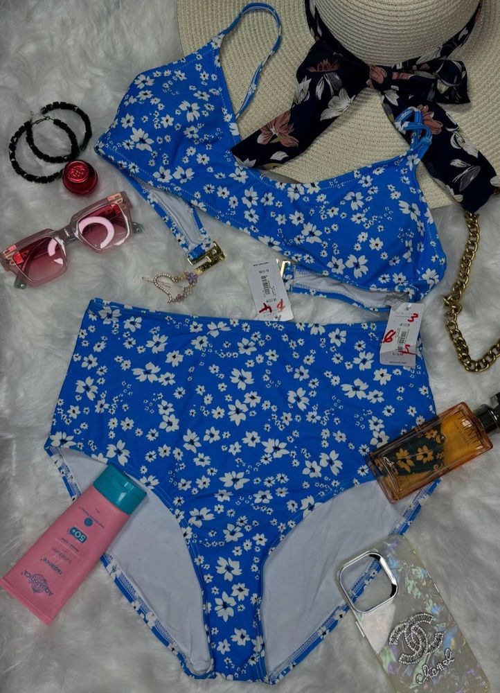 Blue Floral High-Waisted Bikini Set