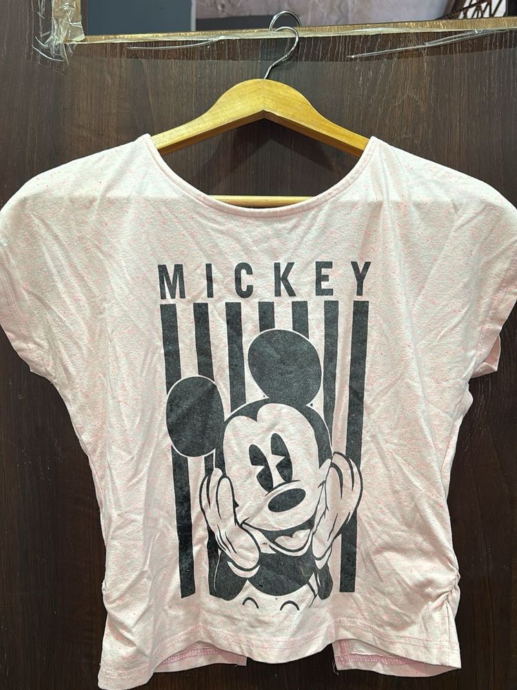 Micky Women Light Pink And Black Printed T-shirt