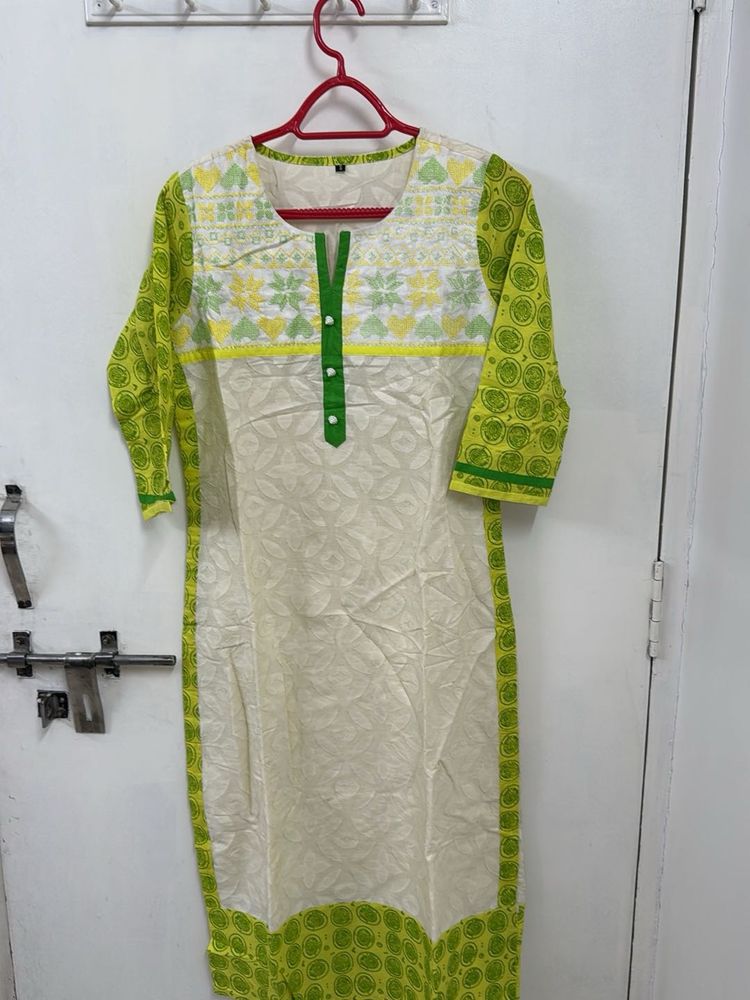 Beautiful White Kurti With Green Embroidery