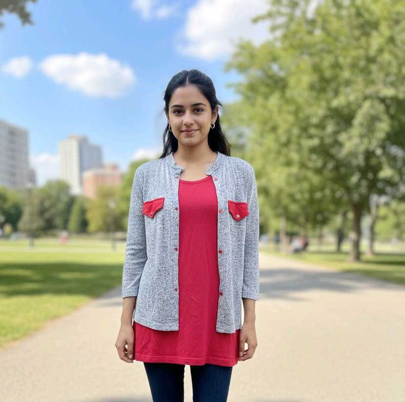 Red Top with Grey Cardigan