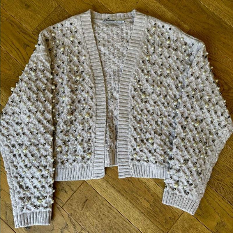 Zara Trendy Pearl Embellished Cardigan