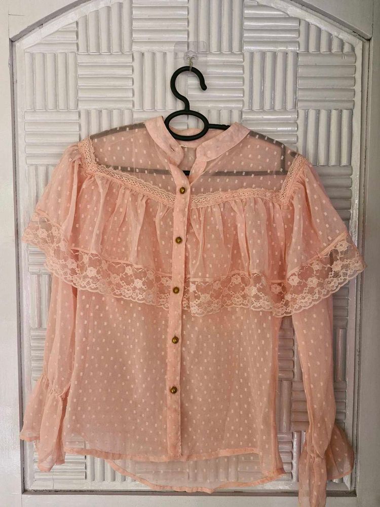Casual Pink Bell Sleeve Embroided Shirt