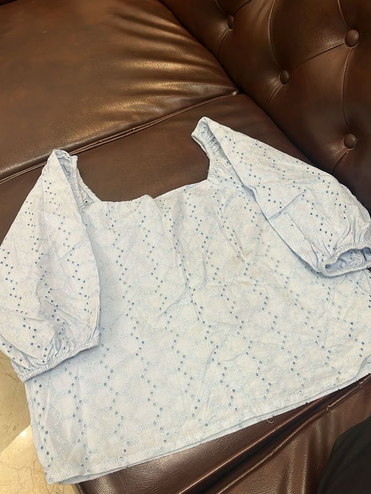 Blue Eyelet Puff Sleeve Top