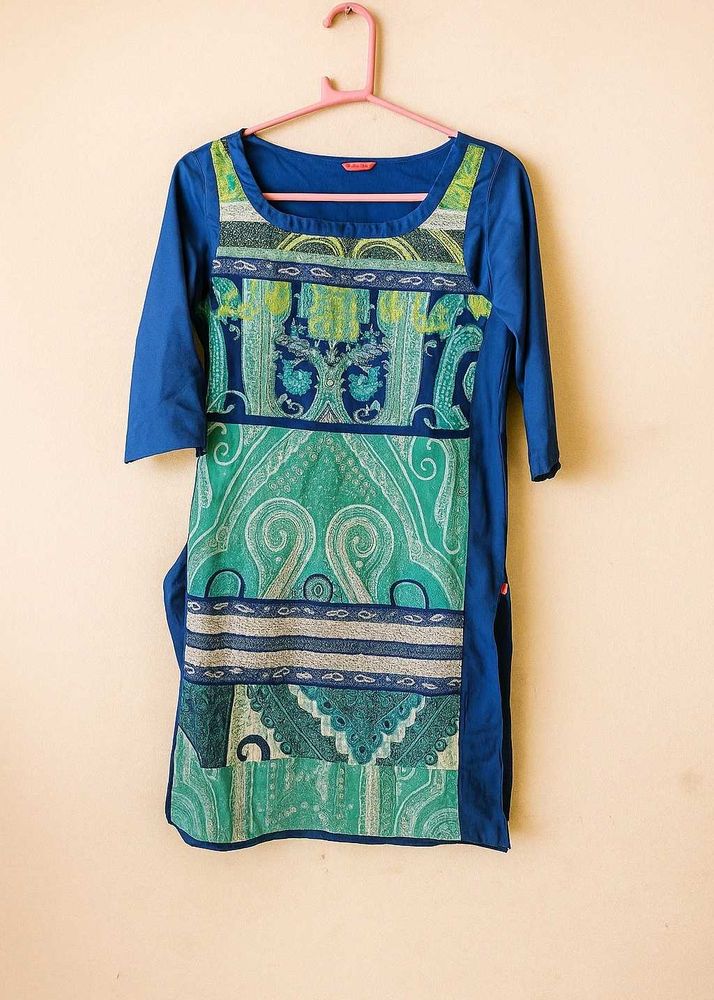 W Blue &amp; Green Printed Kurta