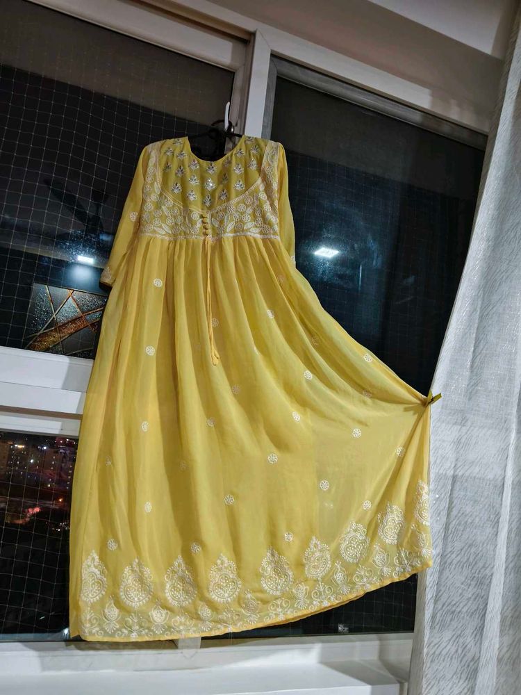 Yellow Embroidered chikankari Anarkali Dress