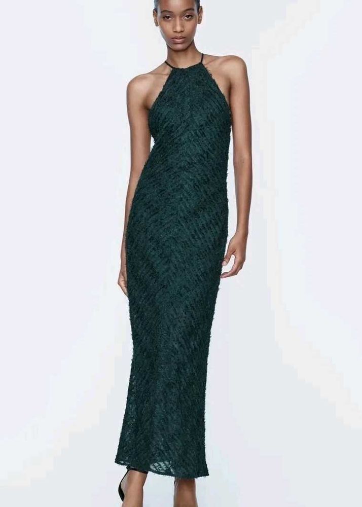 ZARA Halter Gown with Fringe - Dark Green
