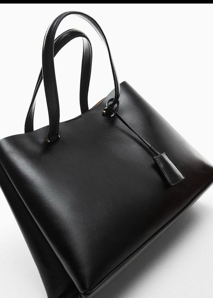 Mango Minimalist Black Leather Tote Bag