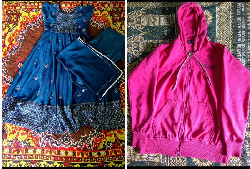 ✨Combo Of Blue Anarkali👗 With Pink Hoodie, 🧥 ✨