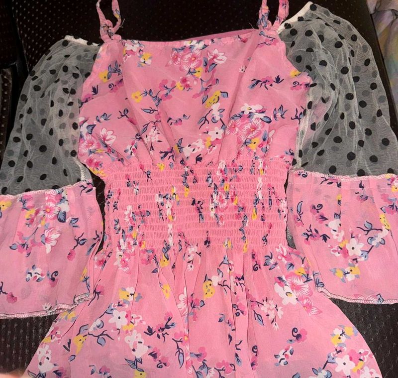 Pink Floral Top with Polka Dot Sleeves