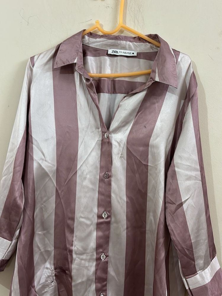 Zara Striped Satin Button-Down Top