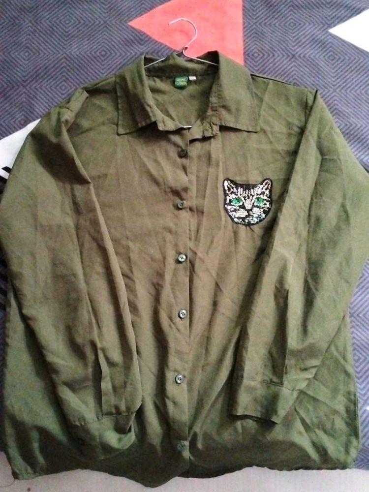 Olive Green Shirt with Cat Patch