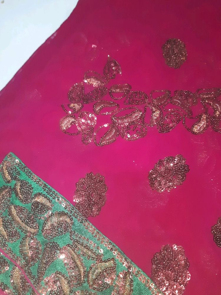 Embroidered Pink and Green Saree Fabric