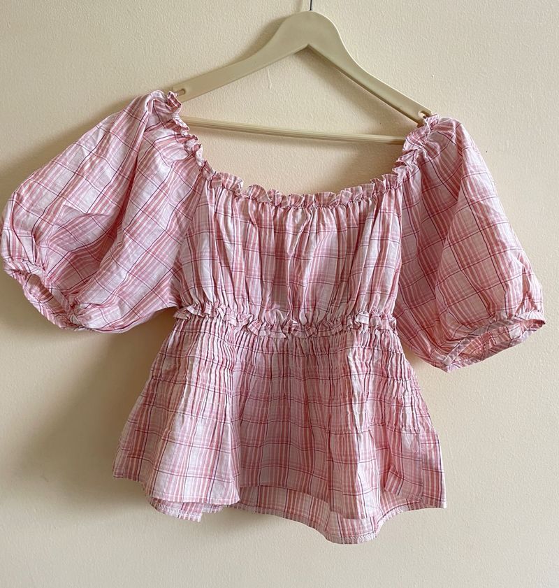 Pink Plaid Puff Sleeve Top
