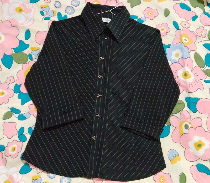 Classic Black Pinstripe Button-Up Shirt💫
