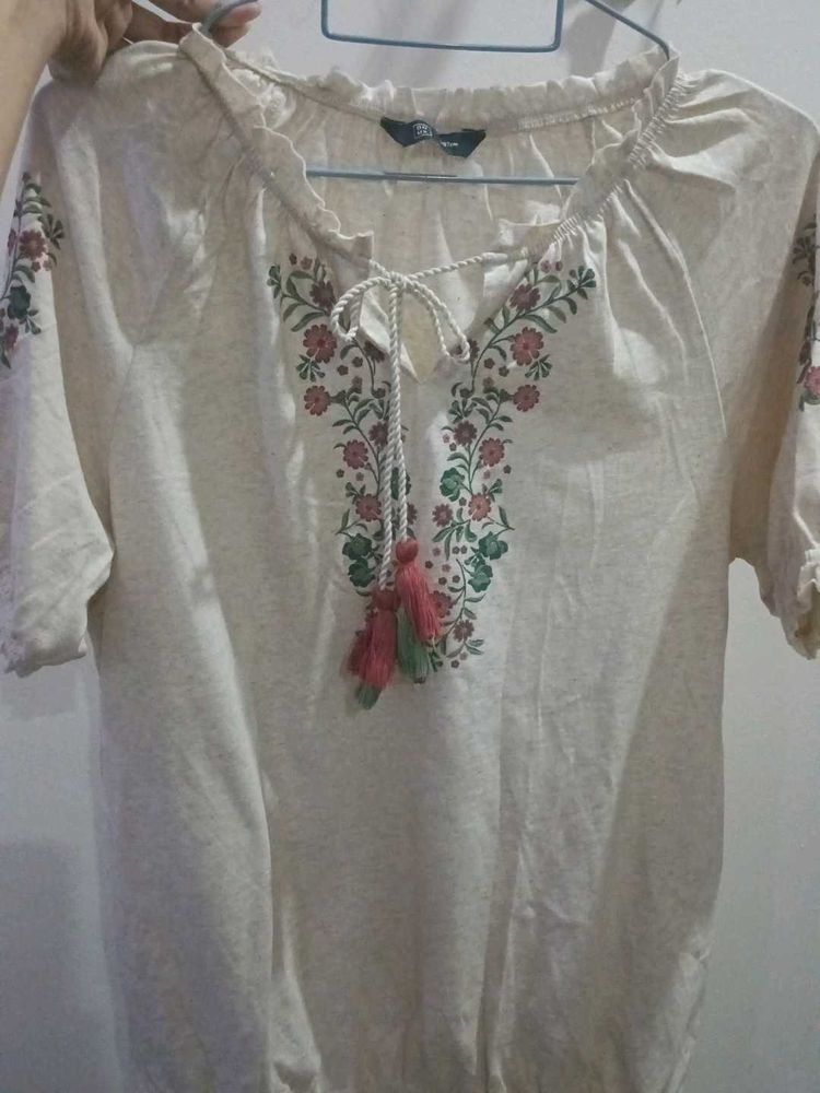 Boho Embroidered Tassel Top