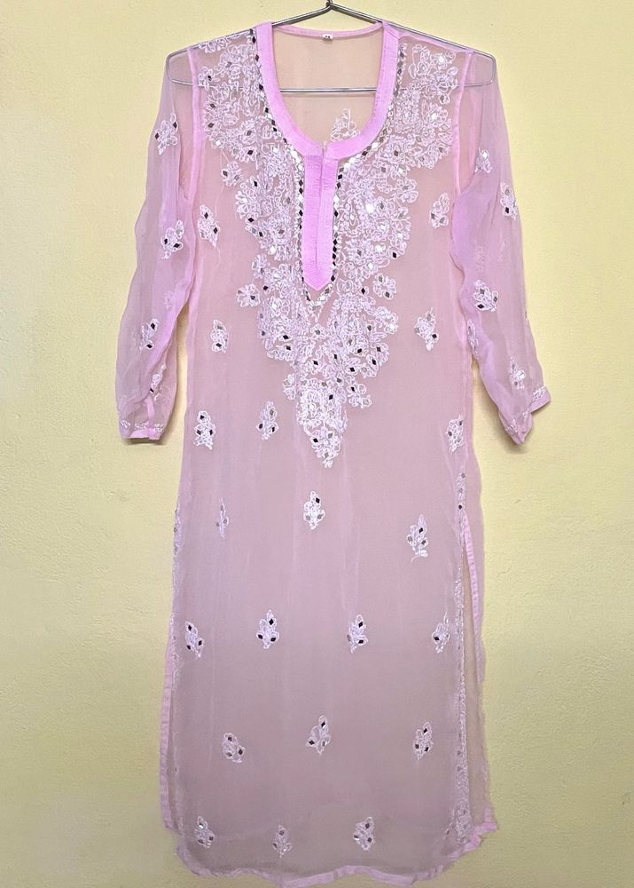 Pink Embroidered Long Kurti