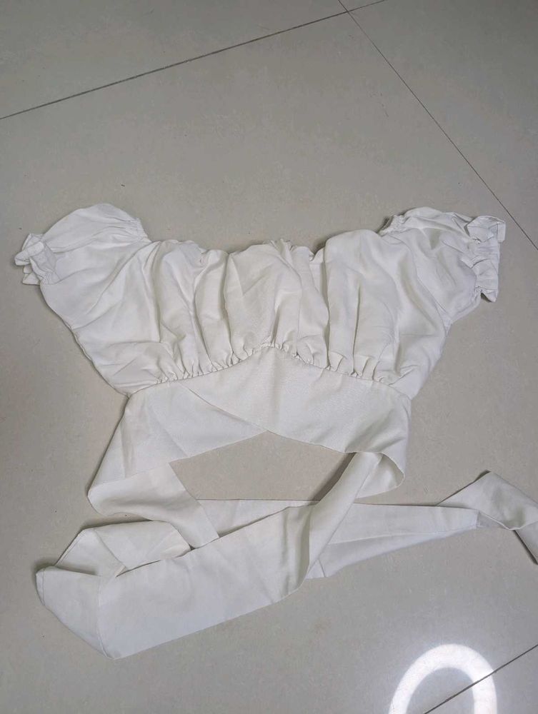 White Off-Shoulder Tie Top