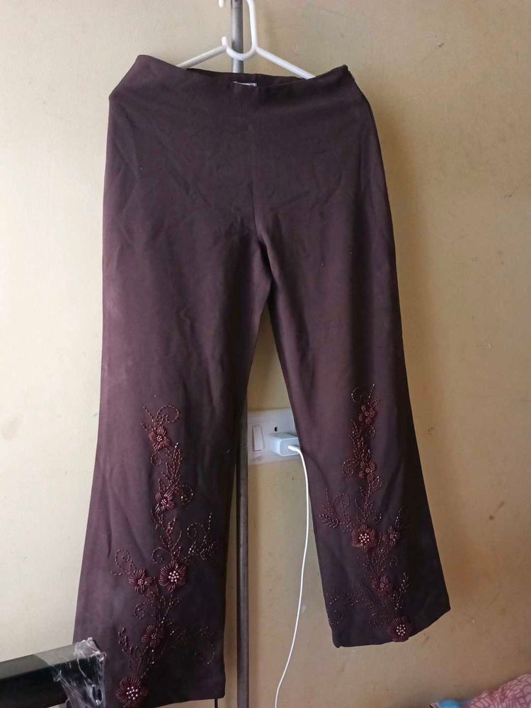 Brown Embellished Flare Pants