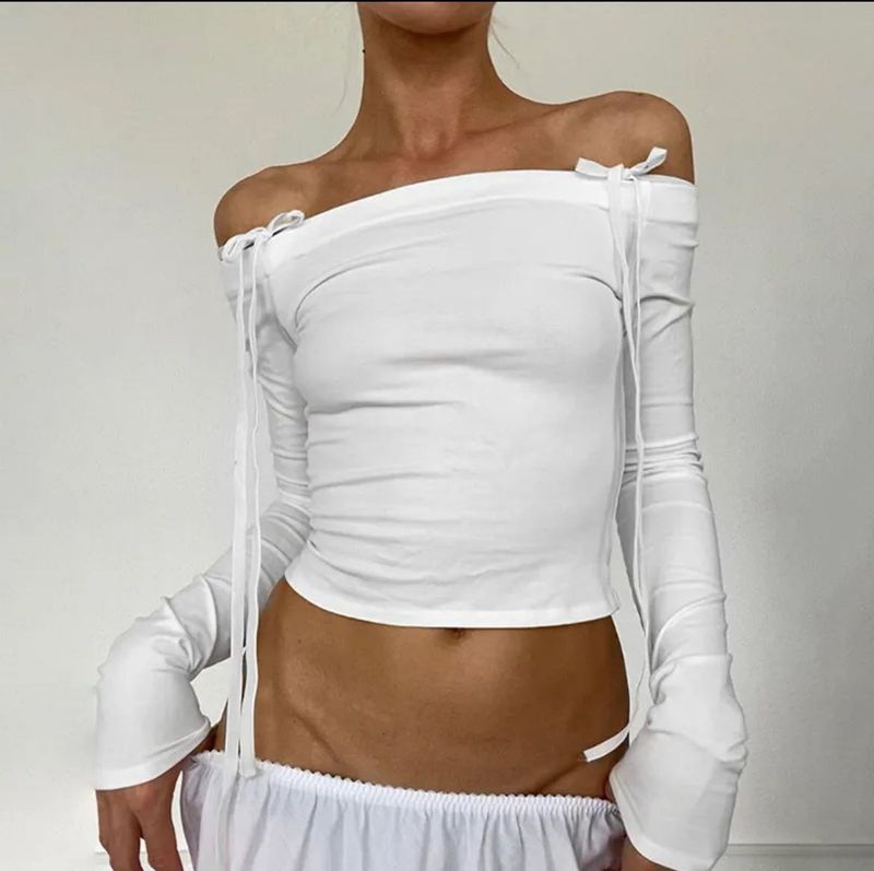 White Off-Shoulder Tie Top