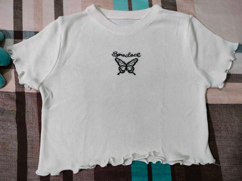 Spoiled Butterfly Embroidery Lettuce Knitted Crop