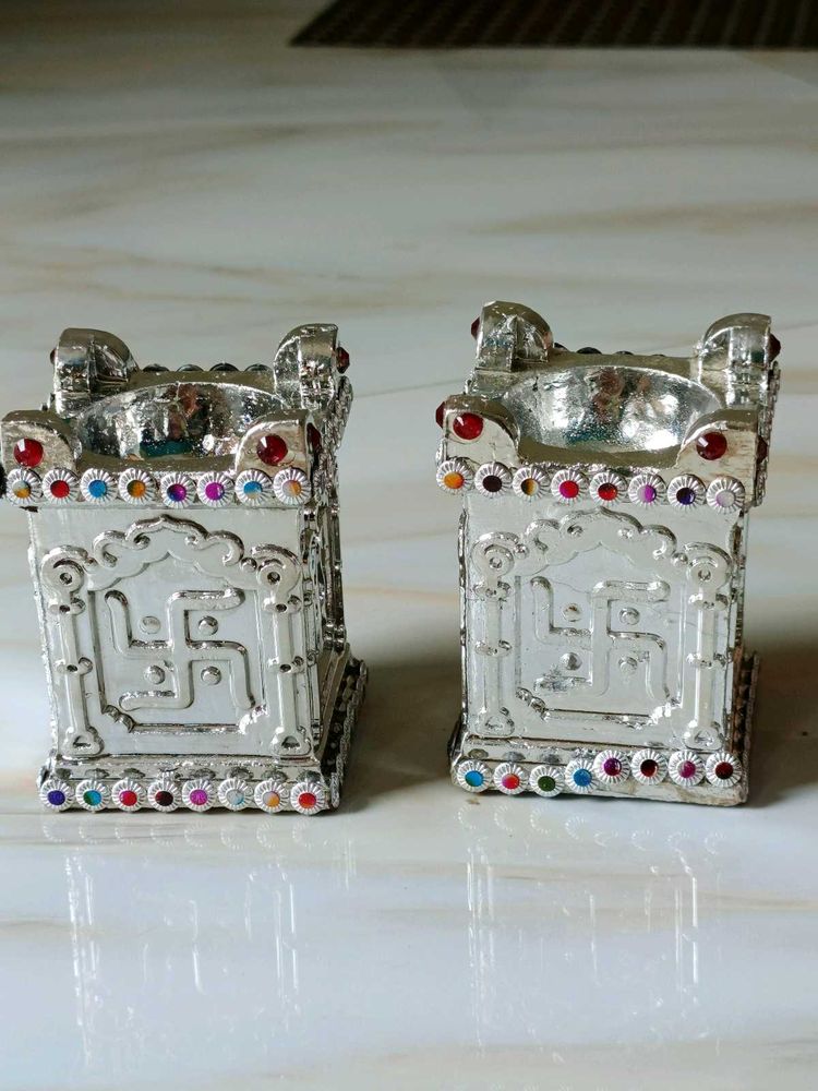 Silver Plated Swastik Unique Diya Set