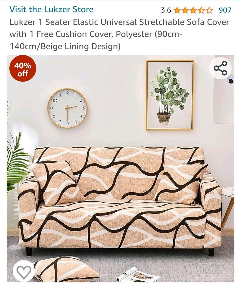 Lukzer 1 Seater Elastic Universal Stretchable Sofa Cover with 1 Free Cushion Cover, Polyester (90cm-140cm/Beige Lining Design)