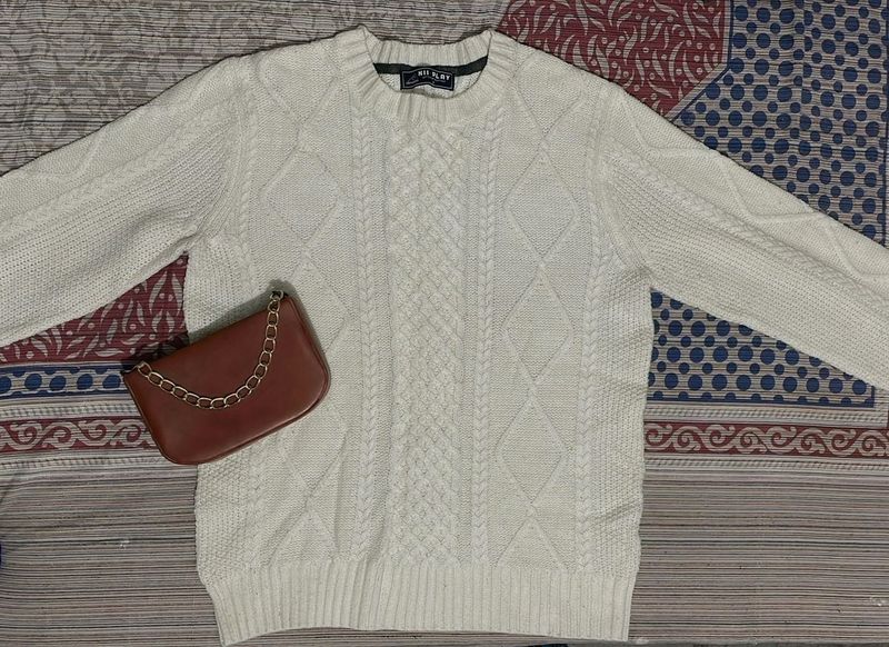 White Cable Knit Sweater with free gift hand bag