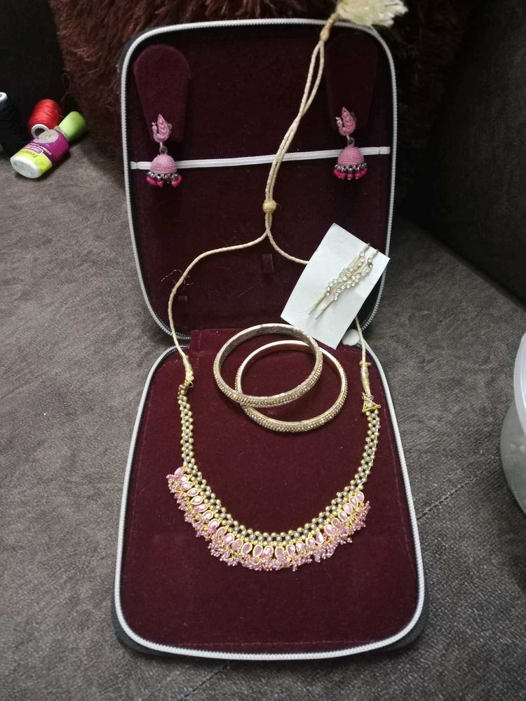 Necklace, Jumukka, Bangles And Hair Clips Combo