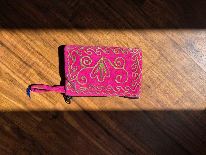 Pink Embroidered Pouch