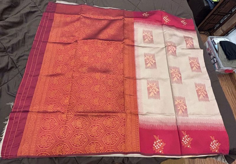 🆕 Ivory Red Silk Saree
