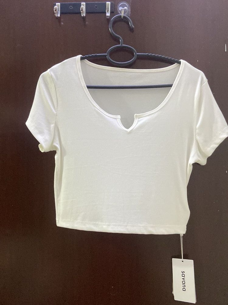 White V-Neck Crop Top - Size S