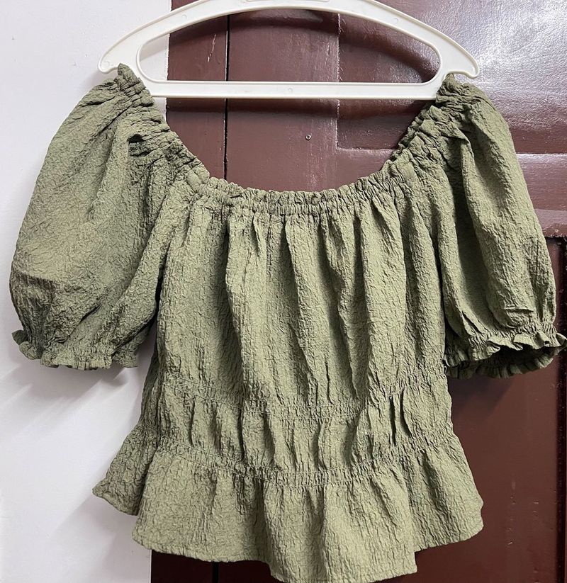 Y2k Olive Green Puff Sleeve Top