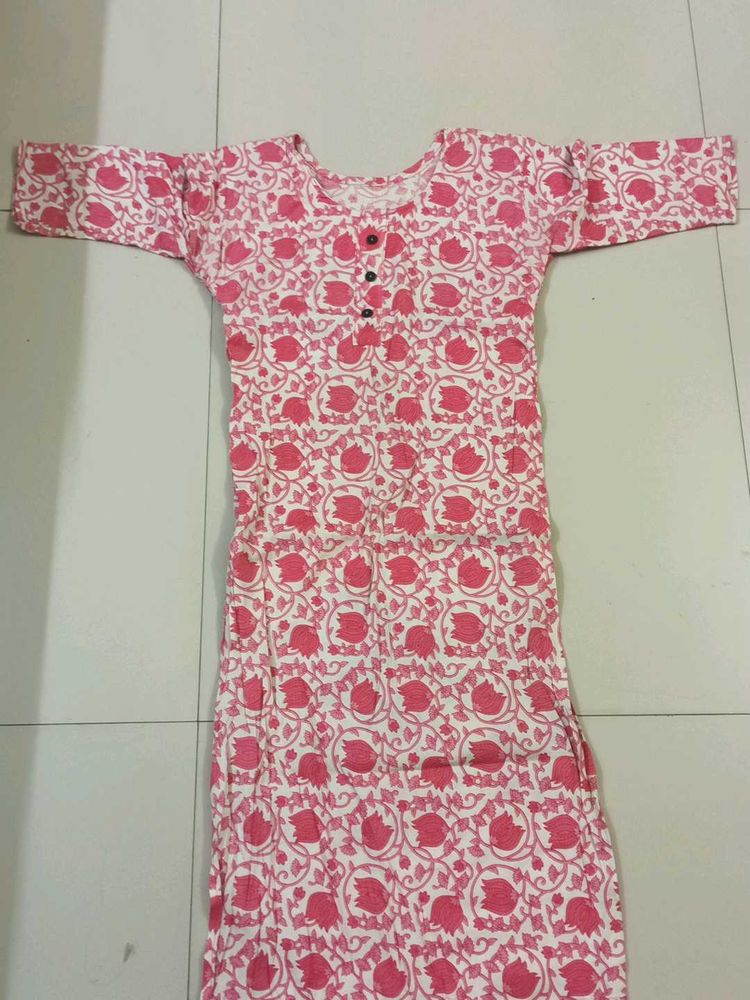 White And Pink Printed A Line Long Kurti