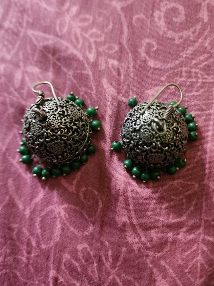 Green Beaded Jhumka Earrings