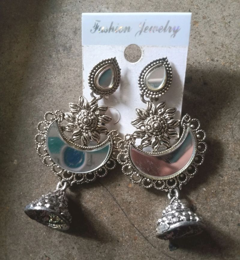 Oxidised Silver Handcrafted Mirror Work Earrings