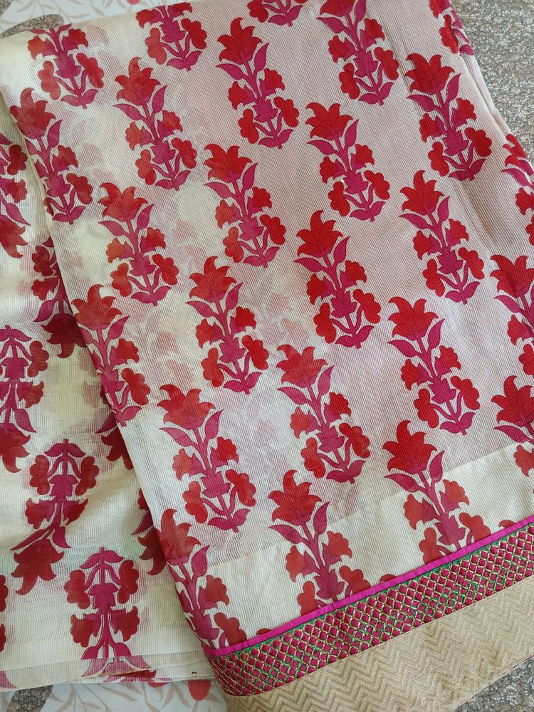 Off White And Red Half Half Kota Saree