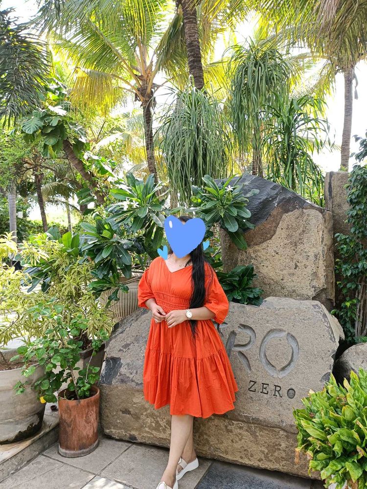 Orange Puff Sleeve / V Neck Midi Dress For Women