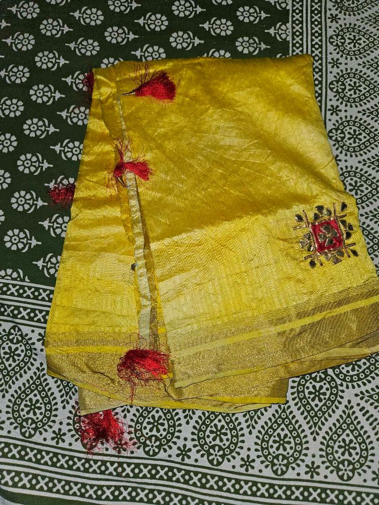Yellow &amp; Gold Sari with Red Tassel Detail