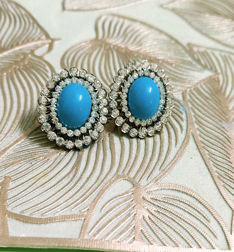 Vintage Turquoise Rhinestone Clip-On Earrings