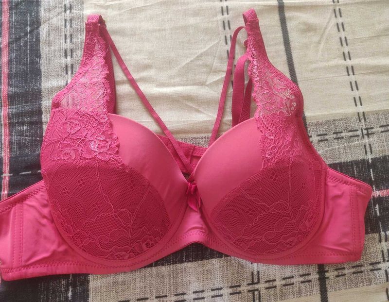 Wired Padded Rani Pink Bra With Lace Detail