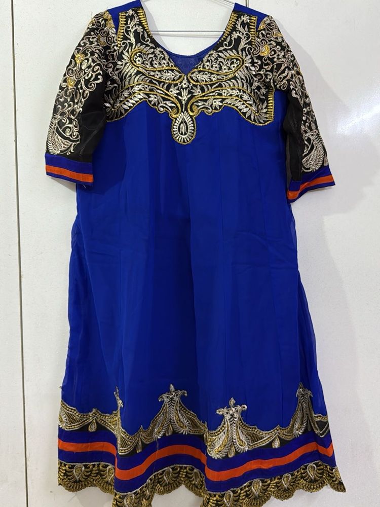Royal Blue Embroidered Ethnic Gown with Dupatta